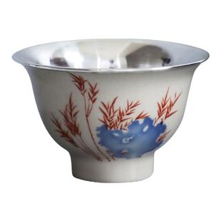 纯银时代 竹石瓷包银杯茶杯足银999品茗杯主人杯日常文雅