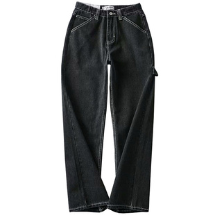 自制BM男朋友工装阔腿泫雅垂感高腰显瘦直筒拖地裤新牛仔裤女宽松