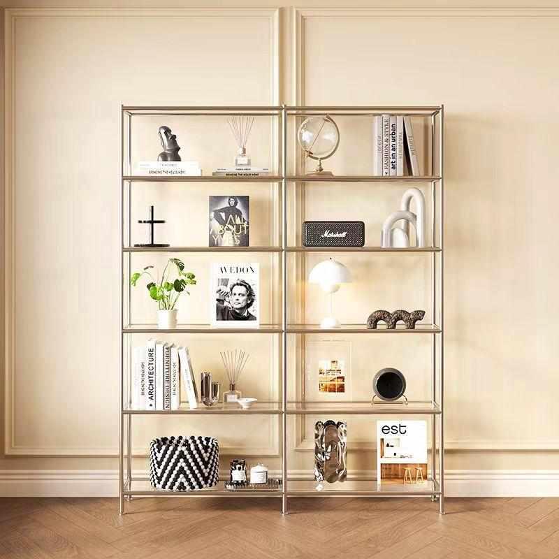 现代简约不锈钢置物架书架轻奢多层落地玻璃陈列展示架靠墙储物柜