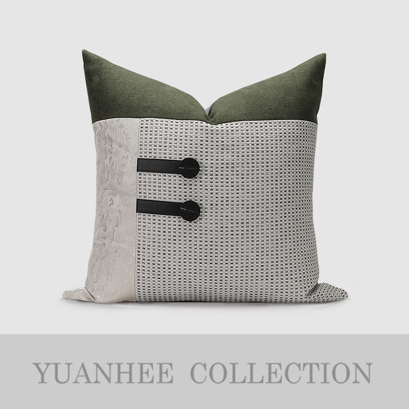 新中式简约样板间抱枕主卧沙发方枕墨绿色灰白色拼接加扣装饰靠包