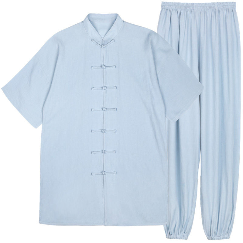 夏季薄款棉麻短袖太极服套装男太极拳八段锦练功服晨练武术表演服