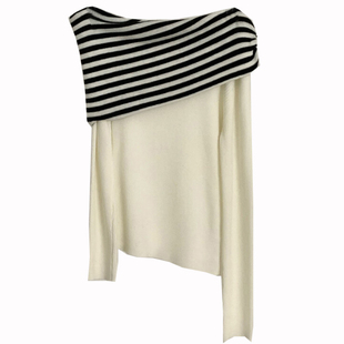 ONE TIME条纹大翻领一字肩长袖白色针织衫女高品质羊毛衫显瘦上衣