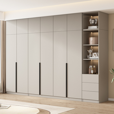 实木平开门衣柜家用卧室柜子生态板奶油灰对开四五六门大衣橱定制