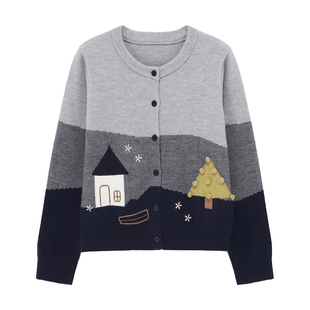 Basic House/百家圆领开衫毛衣女2025秋冬新款设计感休闲短款外套