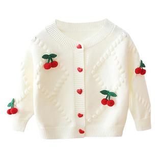 女童毛衣开衫外套秋冬新款儿童装纯色樱桃圆领宝宝百搭针织衫外搭