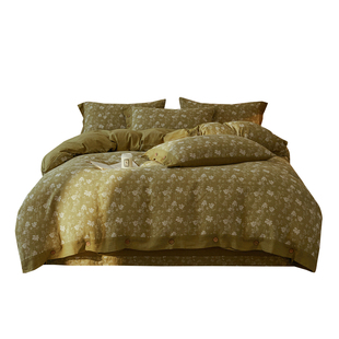 高级感全棉水洗色织双层纱提花床上四件套纯棉床单被套法式轻奢风