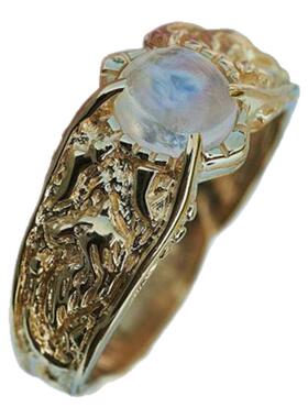 14K黄金复古天然彩虹月光石戒指