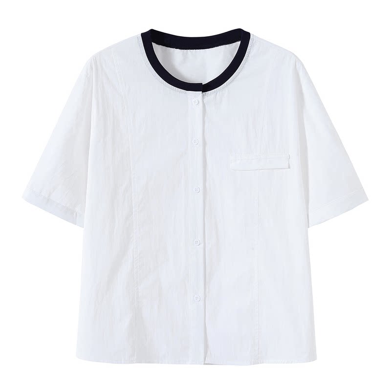白色夏季撞色纯棉宽松短袖女衬衫