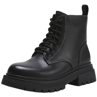 热风粗跟马丁靴女2024年冬季新款黑色短筒小皮靴百搭气质休闲靴子