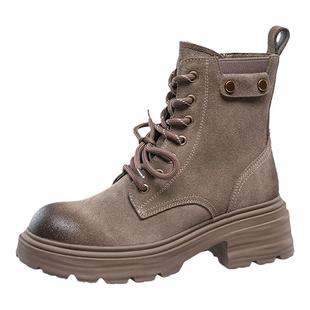 康奈女鞋冬季厚底马丁靴粗跟短靴英伦风复古磨砂皮休闲靴