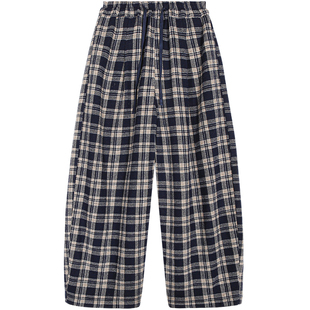 落落狷介裤子女2025新款冬蓝色格子阔腿裤毛呢裤小个子松紧腰宽松