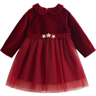 马克珍妮女童娃娃领网纱丝绒连衣裙 儿童新年红色裙子冬装231578
