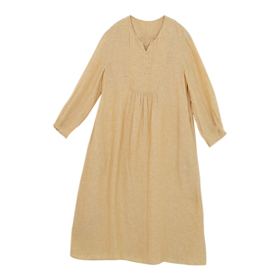 忘城S809座/贰月春/2023早春色织亚麻汉麻黄色小V领衬衫连衣裙