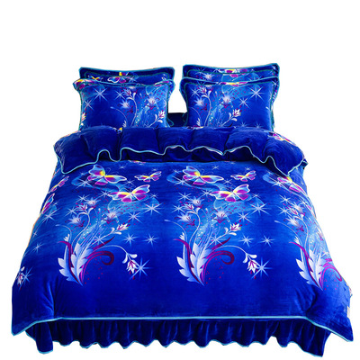 冬季加厚牛奶绒四件套床裙款金貂绒被罩套双面珊瑚绒法兰绒防静电