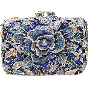 轻奢晚宴手拿包旗袍礼服搭配的小包包女蓝玫瑰满钻手包迷你宴会包