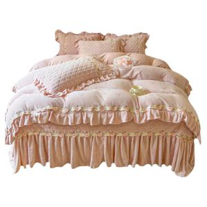 冬季少女加厚牛奶绒四件套公主风双面毛绒珊瑚绒花边被套夹棉床盖