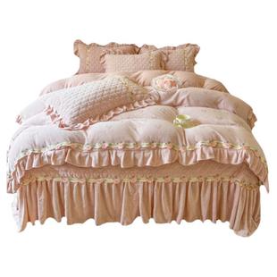 冬季少女加厚牛奶绒四件套公主风双面毛绒珊瑚绒花边被套夹棉床盖