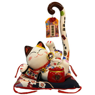 福缘猫平安符长尾猫陶瓷摆件日式店铺收银台装饰客厅招财猫存钱罐
