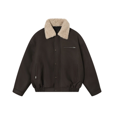 TGNS仿羊羔毛翻领帆布pu皮夹克