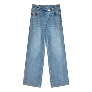 因由 显瘦休闲直筒拖地裤斜门襟垂感宽松显瘦美式高腰阔腿牛仔裤