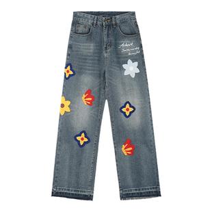 【Achock官方店】国潮原创创意字母花瓣刺绣牛仔裤直筒阔腿长裤