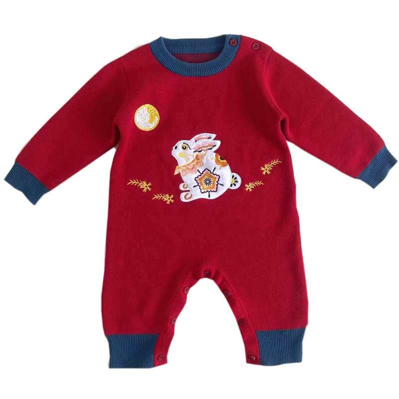 婴儿连体衣春秋冬装兔宝宝周岁礼服男拜年服新年衣服喜庆套装红色