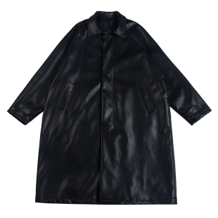 NOEARS痞帅潮酷黑色风衣男长款pu皮巴尔玛肯外套春秋过膝复古休闲