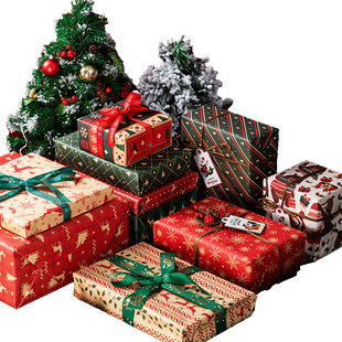 圣诞节礼物包装纸牛皮纸生日礼品纸高级感超大尺寸礼盒纸男生加丝带儿童可爱复古红色打包材料彩纸花纸包书纸