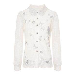 TCH百搭时尚烫钻米色气质叠穿蕾丝衬衫上衣女秋冬新款T75D13E5002