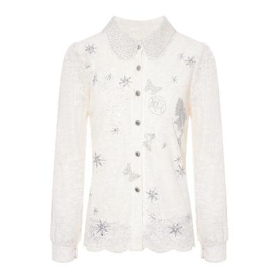 TCH百搭时尚烫钻米色气质叠穿蕾丝衬衫上衣女秋冬新款T75D13E5002