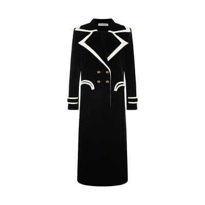 Maison Wester2025冬季新品千金风丝绒外套撞色翻领黑色长款大衣