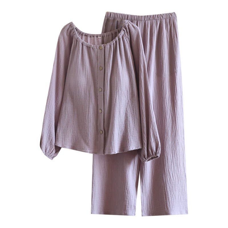 带胸垫双层纯棉纱布睡衣女春秋新款圆领长袖夏季薄款家居服套装