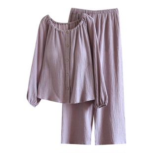 带胸垫双层纯棉纱布睡衣女春秋新款圆领长袖夏季薄款家居服套装