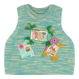 utouto大耳象女童贴布绣毛衣马甲2025秋季新款宝儿纯羊毛针织上衣