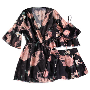 【锦簇繁花】泳衣女款泡温泉三件套显瘦遮肉黑色保守罩衫妈妈泳装