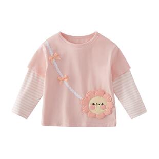 jellybaby女童t恤长袖春款小童假两件条纹衣服女宝宝上衣儿童衣服