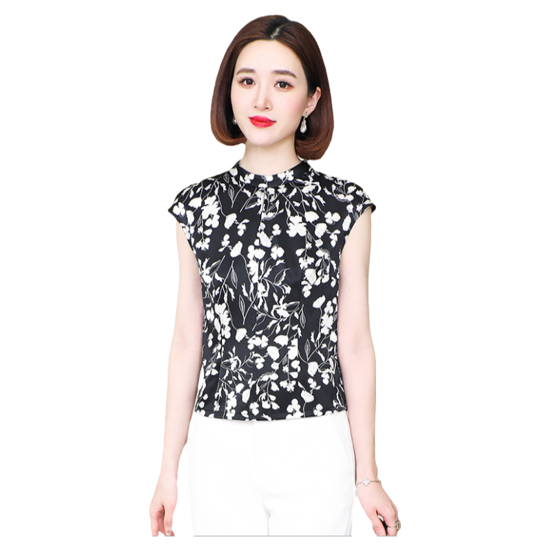 2025夏重磅真絲t恤女短袖立領(lǐng)媽媽裝上衣復(fù)古修身印花桑蠶絲小衫