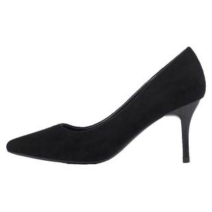 高跟鞋女细跟气质百搭中低跟尖头职业绒面黑色正装加宽大码工作鞋