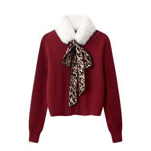 可拆卸毛绒领豹纹系带针织毛衣女秋冬新年氛围红洋气百搭开衫上衣