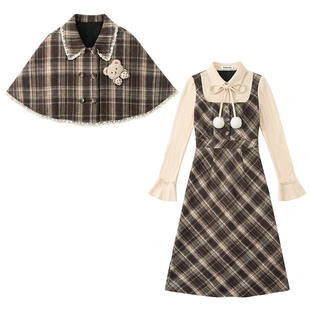 织物猪 焦糖卷云 学院风斗篷套装女秋冬季小个子格纹连衣裙两件套