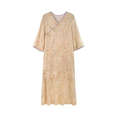 JKJS满版刺绣人丝麻斜襟连衣裙