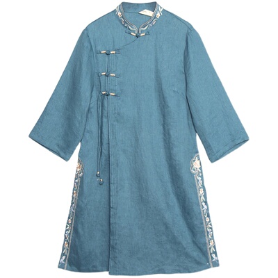 亚麻五分袖刺绣中式茶服复古盘扣
