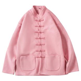 清风寄心语丨原尉唐装情侣汉服男新中式麂皮绒国潮婚喜酒粉色外套