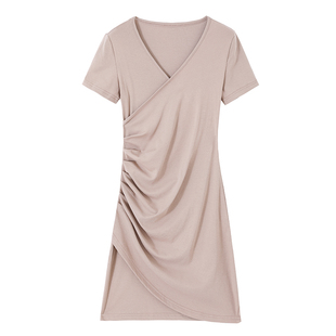 不规则褶皱遮肚收腰连衣裙2025新款女交叉V领修身显瘦短裙包臀裙