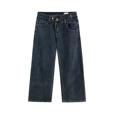 梨型身材阔腿牛仔裤女秋冬加绒胖mm不规则设计感高腰显瘦直筒长裤