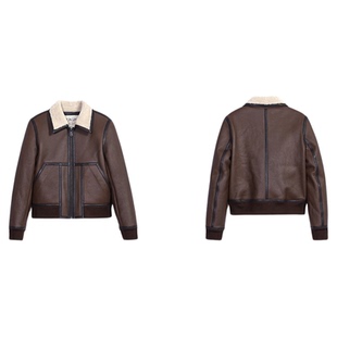 MCS女装源自万宝路翻毛领外套真皮短款皮衣女士加绒绵羊外套皮衣