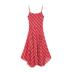 pusumede 格纹变奏 不规则吊带裙格子连衣裙女复古收腰垂坠感长裙