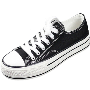 基本款松糕厚底帆布鞋女平底低帮板鞋黑底圆头学生布鞋2021年百搭