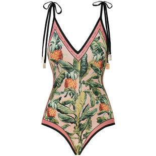 visual mood泳衣女复古连体遮肚显瘦双面印花新款度假温泉游泳衣