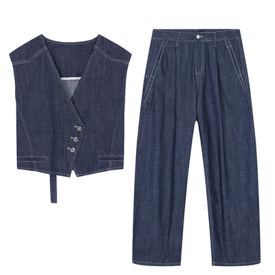 Jamor时尚休闲牛仔马甲牛仔阔腿裤子套装2025夏季爆款两件套高级